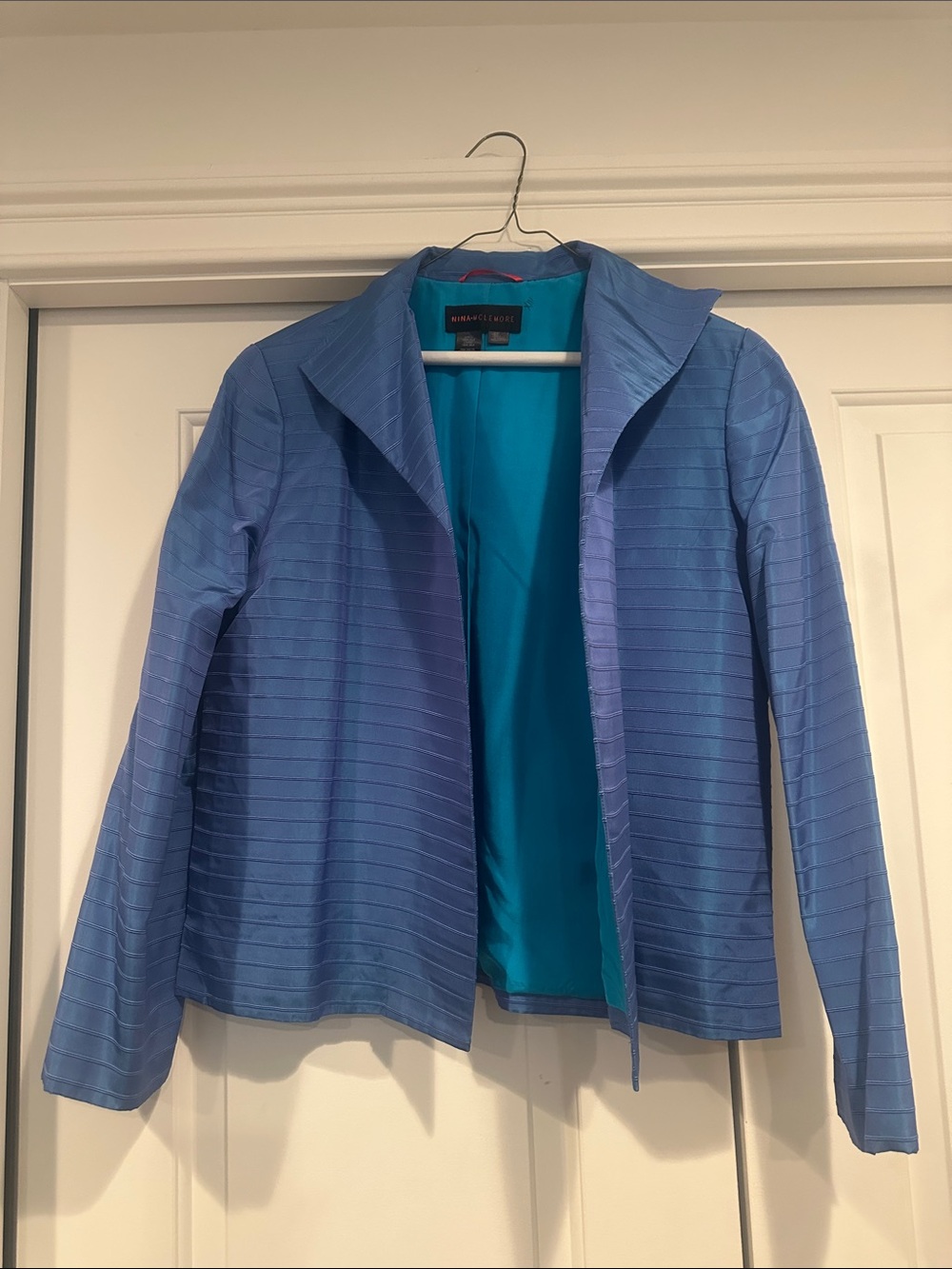 Nina Mclemore iridescent  Blue Ribbed Open-Front Blazer Jacket